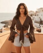 Mocha Ruffles Tie Blouse - Image 2