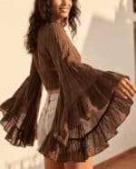Mocha Ruffles Tie Blouse