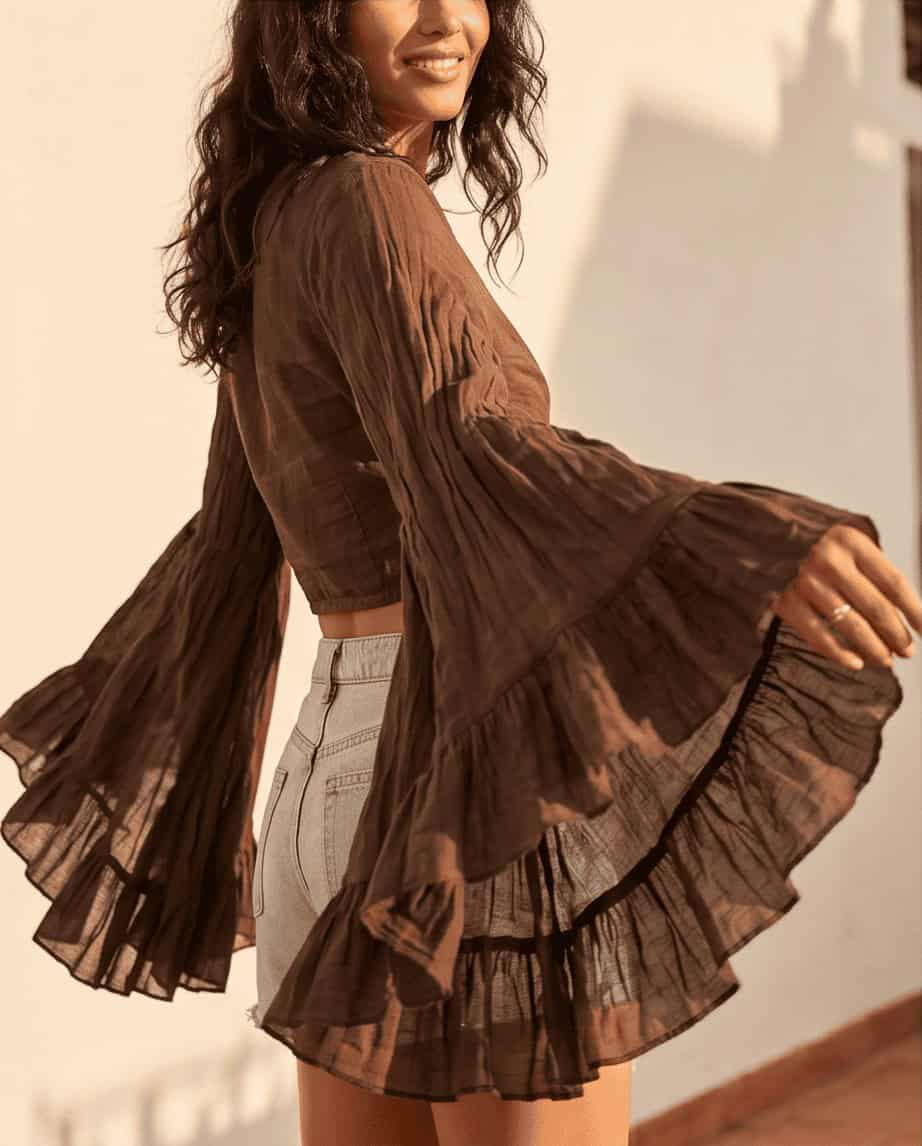 IMG_6412 Mocha Ruffles Tie Blouse - Image 1