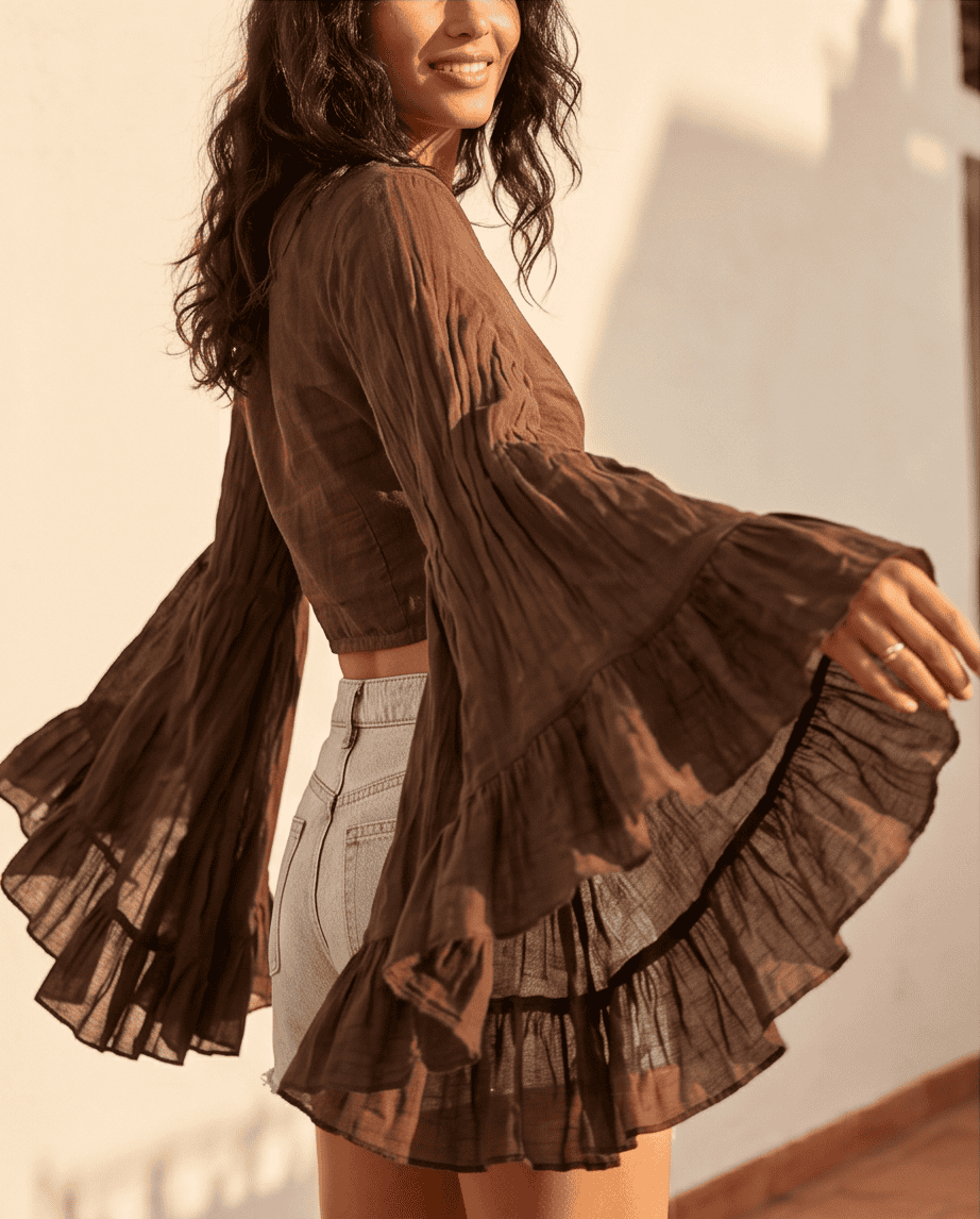 Mocha Ruffles Tie Blouse