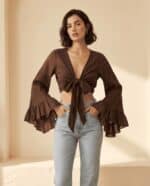 Mocha Ruffles Tie Blouse - Image 4